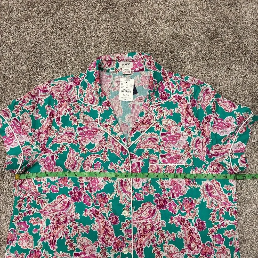 J.Crew Womens L Pajama Top Short Sleeve 100% Cotton Pink Paisley White Trim NWT